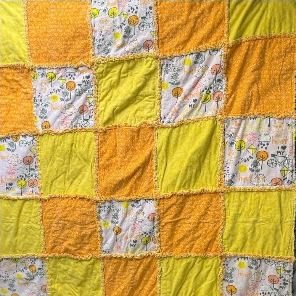 Quilt Sunny Bike Owl Flannel Yellow Orange Handmade 62" x 42" Nature Playful